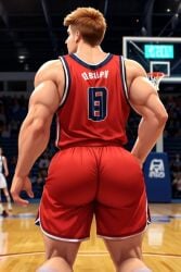 1boy ai ai_generated ass_focus basketball basketball_(ball) basketball_court basketball_hoop basketball_jersey basketball_player basketball_shorts basketball_uniform big_ass big_ass_(male) big_butt ginger ginger_hair huge_ass huge_butt jock male_only muscular_male solo solo_focus solo_male
