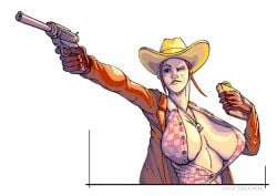 1girl 1girls bethesda bethesda_game_studios bethesda_softworks big_breasts breasts casual cleavage clothing cowboy_hat fallout fallout_new_vegas female female_only firearm gun handgun human jacket obsidian_entertainment open_clothes open_clothing open_shirt pale_skin pistol revolver rose_of_sharon_cassidy solo solo_female weapon