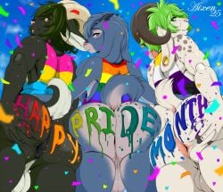 2025 2_horns aixen anthro anus aspen_(narm) ass backsack balls big_horn biped black_body black_hair blonde_hair blush blush_lines body_writing bottomless bottomless_male bovid bovid_horn caprine caprine_horn clothed clothing countershade_tail countershading day ear_piercing english_text eyebrows floppy_ears gauged_ear genitals goat group hair hi_res horn horn_size_difference lgbt_pride lgbt_pride_month long_ears looking_at_viewer looking_back looking_back_at_viewer low-angle_view male mammal mari_(mariart) outside piercing pink_body pink_hair pink_nose presenting presenting_hindquarters pride_colors rainbow_pride_colors ram_horn shirt short_hair short_tail small_horn spread_butt spreading tail tank_top text tongue tongue_out topwear trio white_body white_countershading writing_on_butt