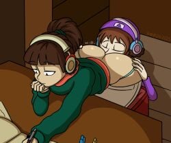 1boy 1girls 2025 ass ass_sniffing big_ass brown_hair butt_crack digital_media_(artwork) female green_panties green_sweater lofi_girl lowrise_jeans sniffing_ass straight studying synthwave_boy van_batthaus white_pants