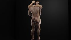 2boys 3d 3d_(artwork) arm_tattoo ass_cheeks back_view basic_background butt_cheeks full_body fully_naked fully_naked_male fully_nude fully_nude_male gay hand_on_head hug hugging johnny_cage johnny_cage_(new_era) kano_(mortal_kombat) lord_ace male male/male male_only mortal_kombat mortal_kombat_11 mortal_kombat_1_(2023) naked naked_hug naked_male no_visible_face no_visible_genitalia nude nude_male romantic romantic_ambiance romantic_couple standing sunglasses sunglasses_only veiny_legs yaoi