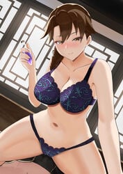 1girls aether_(genshin_impact) aphrodisiac big_breasts blue_legwear blue_panties blush bra braid breasts brown_eyes brown_hair cleavage clothing curvaceous curvy erection_under_clothes female genshin_impact hi_res large_breasts light-skinned_female light_skin long_hair looking_at_viewer matching_underwear milf npc panties seductive seductive_smile smile spread_legs thick_thighs tian_kazuki underwear wide_hips ying_er_(genshin_impact)