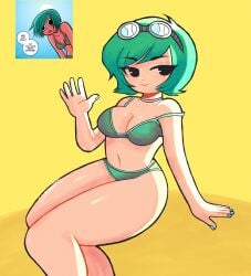 1girls bikini breasts busty cdromarts female goggles_on_head green_bikini green_hair light-skinned_female light_skin ramona_flowers scott_pilgrim sitting swimsuit waving