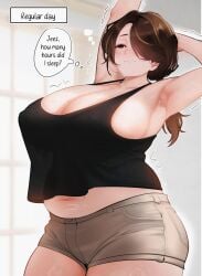 1girls alternate_version_available armpit armpits belly big_breasts breasts brown_hair chubby chubby_female clothed clothing english_text female female_only hi_res huge_breasts judies large_breasts mature mature_female mature_woman milf mole mole_on_breast mole_under_eye navel nipple_bulge one_eye_obstructed original plump ponytail sideboob solo solo_female text text_box text_bubble thought_bubble