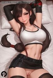 ai_generated armpits arms_behind_head arms_up bangs bare_shoulders bed_sheet belt black_hair black_skirt black_thighhighs blush breasts brown_hair cleavage closed_mouth collarbone crop_top earrings elbow_gloves elbow_pads female final_fantasy final_fantasy_vii final_fantasy_vii_remake gloves jewelry large_breasts lips long_hair looking_at_viewer low-tied_long_hair lying midriff miniskirt navel no_panties on_back on_bed pencil_skirt pikkiwynn pillow pussy red_eyes shirt skindentation skirt smile solo stomach suspender_skirt suspenders swept_bangs tank_top taut_clothes taut_shirt thighhighs thighs tifa_lockhart uncensored