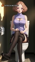 ai_generated alternate_legwear bare_arms bare_shoulders black_footwear black_pantyhose black_thighhighs blush breasts brown_eyes brown_hair cleavage cleavage_cutout clothes_pull clothing_cutout crossed_legs female forehead haru_okumura indoors large_breasts legs looking_at_viewer mary_janes meitabuu miniskirt okumura_haru pantyhose pantyhose_pull parted_lips persona persona_5 plaid plaid_skirt pleated_skirt purple_sweater ribbed_sweater shoes short_hair shuujin_academy_school_uniform sitting skirt sleeveless sleeveless_sweater sleeveless_turtleneck solo sweater thighhighs tile_floor tiles toilet toilet_paper toilet_stall turtleneck turtleneck_sweater
