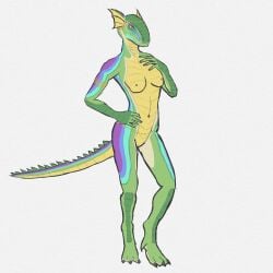 1:1 anthro argonian breasts ear_fins female fin genitals glimmer-scales_(maaarked_one) gold_(metal) gold_jewelry green_body hi_res jewelry lizard lizard_tail maaarked_one markings microsoft multicolored_body nipples non-mammal_breasts nude nude_anthro nude_female purple_markings pussy reptile scalie solo the_elder_scrolls vulva yellow_body