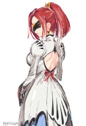 2025 2d artist_name back back_cutout backless_dress blindfold breasts closed_mouth clothing_cutout covered_eyes cowboy_shot dress earrings female from_behind high_ponytail jewelry light-skinned_female long_hair long_sleeves looking_back mask medium_breasts multicolored_hair ponytail popisya puffy_sleeves red_hair self_upload seres_(tales) simple_background sketch solo tales_of_(series) tales_of_berseria white_background white_dress