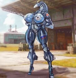 aeromorph aircraft big_breasts breasts clothing despicabletea detailed_background female footwear hi_res high_heels humanoid living_aircraft living_machine living_vehicle machine shoes solo thick_thighs vehicle