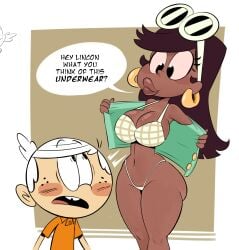 1boy 1girls big_breasts black_hair bra breasts brother brother_and_sister cleavage dark-skinned_female dark_skin english english_text large_breasts leni_loud lincoln_loud long_hair race_swap short_hair sister spakka5 speech_bubble text the_loud_house thick_thighs thighs white_hair