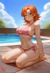 1girls 2d ai_generated ass big_ass bikini breasts cleavage erophoenix female female_focus full_body large_breasts looking_at_viewer nora_valkyrie orange_hair patreon_username pool rwby short_hair side-tie_bikini solo solo_female swimsuit thick thick_thighs uncensored