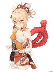 1girls areola_slip bandage blonde_hair blush censored choker cute embarrassed fully_clothed genshin_impact japanese_clothes kimono nipple_slip nipples primogem sarashi small_breasts smile tattoo wardrobe_malfunction yoimiya_(genshin_impact)