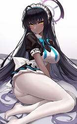 1girls blue_archive blush breasts cleaning_&_clearing_(blue_archive) dark-skinned_female dark_hair eternity_(shadeh) female female_only hairband karin_(blue_archive) large_breasts long_hair maid_uniform millennium_science_school_logo_(blue_archive) millennium_science_school_student panties_under_pantyhose pantyhose very_long_hair white_background white_pantyhose yellow_eyes