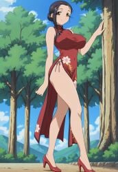 1girls ai_generated amaenaideyo amaenaideyo!! black_hair breasts brown_eyes chinese_dress erect_nipples female floral_print hairbun heels kimono large_breasts looking_at_viewer mature_female miyako_amanogawa outdoors posing red_dress standing