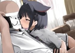 1boy absurdres animal_ears bald black_hair blue_archive cat_ears cat_girl censored colored_inner_animal_ears colored_inner_hair disuto doodle_sensei_(blue_archive) female handjob highres kazusa_(blue_archive) male multi_ear multicolored_hair pink_eyes pink_hair pleated_skirt sensei_(blue_archive) shirt skirt t-shirt talking_on_phone two-tone_hair white_shirt white_skirt
