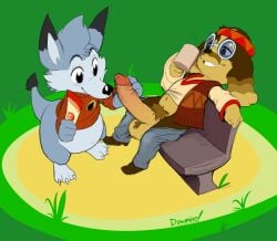 accessory alex_the_rubikang animal_crossing anthro balls bench big_balls big_penis bodily_fluids brown_body canid canine canis clothed clothing dawmino digital_media_(artwork) domestic_dog duo erection eyewear fur genitals glasses hair harvey_(animal_crossing) hi_res holding_object huge_cock kangaroo macropod male male/male mammal marsupial nintendo on_bench penis sitting sitting_on_bench smile touching_penis