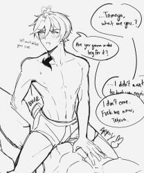 2boys abs arfy_waffles blush bulge dialogue duo english_text ensemble_stars! erection erection_under_clothes fangs gay grey_background hi_res human human_only imminent_sex male male/male male_only mashiro_tomoya nagumo_tetora nipples open_mouth profanity simple_background sitting sitting_on_another sitting_on_person spread_legs spreading straddling teeth text topless touching_bulge underwear underwear_only yaoi