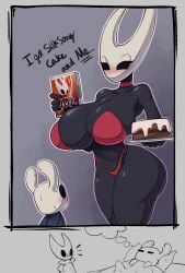 absurd_res anthro arthropod azura_inalis biped blush bodily_fluids breasts cake clothed clothing dessert dialogue duo erection_under_blanket eyelashes female food hi_res hollow_eyes hollow_knight hornet_(hollow_knight) male simple_background skimpy sleeping standing sweat team_cherry text thought_bubble