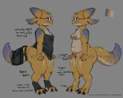 2023 4_fingers 4_horns 4_toes 5:4 accessory anthro ass bag big_butt biped black_claws black_clothing black_shirt black_tank_top black_topwear blue_tail_tip breasts claws clothed clothing color_swatch countershade_torso countershading dipstick_tail ear_piercing ear_ring english_text eyewear feet female fingers foot_wraps furgonomics genitals glasses gold_body gold_scales grey_background hi_res horn kobold markings model_sheet monotone_background multi_horn nipples non-mammal_breasts nude overweight overweight_anthro overweight_female partially_clothed piercing ring_piercing round_glasses satchel scalie shirt side_view simple_background small_breasts solo standing tail tail_accessory tail_markings tan_body tan_countershading tank_top text thick_thighs toes topwear unichromacorn unnamed_character vulva watermark wearing_glasses wraps