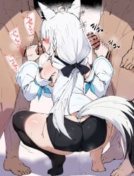2boys animal_ears bar_censor black_thighhighs censored fellatio female fox_ears fox_girl fox_tail from_behind group_sex handjob highres hololive mmf_threesome motion_lines multiple_boys oral penis sakanaya_(sakanaya952) shirakami_fubuki shirakami_fubuki_(1st_costume) single_thighhigh squatting tail thighhighs threesome virtual_youtuber