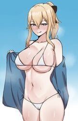 1girls big_breasts bikini blonde_hair blush breasts chihel genshin_impact gray_eyes hair_ornament jean_gunnhildr licking_lips looking_at_viewer partially_clothed ponytail simple_background sweat