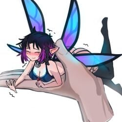 1girls black_bra black_garter_straps black_hair black_hair_female black_thighhighs blush blushing_female bra closed_eyes closed_mouth collar elf_ears fairy fairy_girl fairy_wings female female garter_straps hand lingerie lingerie_only metal_collar minigirl nradiowave original original_character pointy_ears sole sole_female tagme thighhighs tiny_girl two_tone_hair