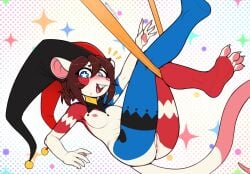 4_toes anthro anus blue_body blue_eyes blue_fur breasts brown_hair buckteeth claws clothing feet female fool's_hat fur genitals hair hat hat_only headgear headgear_only headwear headwear_only hi_res jester looking_at_viewer mammal mostly_nude multicolored_body multicolored_fur murid murine nipples rat red_body red_fur rodent smile solo starry_eyes teeth toe_claws toes vulva w4g4 white_body white_fur
