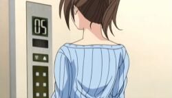 00s 1girls 2004 animated ass ass_focus brown_hair clitoris elevator female from_behind housewife indoors kininaru_kimochi long_hair lowres okusan_(kininaru_kimochi) ponytail pussy striped_shirt tagme