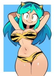 1girls arms_behind_head bikini cute_fangs fangs female green_hair hips horns light-skinned_female light_skin lum navel pointy_ears scottfalco_(artist) small_waist thick_thighs thighs tiger_print urusei_yatsura yellow_eyes