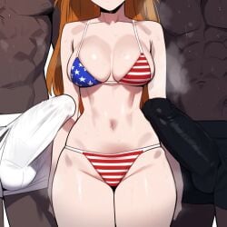 1girls 2boys abs ai_generated american_flag_bikini asuka_langley_sohryu bare_arms bare_legs bare_shoulders bare_thighs big_breasts big_penis bikini bikini_bottom bikini_top brown_hair bulge color coomersucc dark-skinned_male dark_skin female hi_res interracial large_breasts light-skinned_female light_skin long_hair male male/female muscles muscular muscular_male neon_genesis_evangelion netorare ntr pants_bulge thick_thighs