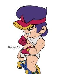 1boy 2025 absurd_res alolan_boy brawl_stars briefs fang_(brawl_stars) gloves grin half-closed_eyes hand_in_underwear hi_res human male male_only narrowed_eyes nipple_pinch nipple_play nipples pants pants_down purple_hair simple_background smile solo standing supercell sweat teeth tighty_whities underwear white_background