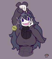 1_girl 1girls 2018 @_@ big_breasts blue_hair breasts dark-blue_hair dark_blue_hair dark_dress dark_hair digital_drawing_(artwork) digital_media_(artwork) dress female female_focus game_freak gray_background grey_background hex_maniac huge_breasts hypnosis hypnotic hypnotic_accessory hypnotizing_viewer long_hair messy messy_hair moth-man nintendo pendulum pendulum_swing pendulum_swinging pink_tongue pokemon pokemon_xy purple_eyes purple_hairband smile smiley_face smiling smiling_at_viewer smiling_female tongue year