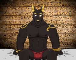 abs adastra adastra_(series) alexnax anthro anubian_jackal areola balls_outline bed bedroom biped bodily_fluids bulge canid canine canis clothed clothing detailed_bulge echo_project eye_contact fingers fluffy furniture genital_fluids genital_outline jackal looking_at_another male male_anthro mammal muscular muscular_anthro muscular_male neferu_(adastra) nipples pecs precum precum_through_clothing precum_through_underwear solo topless topless_anthro topless_male underwear wet wet_clothing