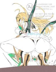 1girls accidental_exposure ass ass_cleavage ass_focus blonde_female blonde_hair butt_focus cameltoe clothed clothed_female earrings elbow_gloves female female_focus female_only fight from_behind fully_clothed fully_clothed_female g-string gloves long_hair mercury_xeno miniskirt mythra panties pussy pussy_peek skirt skirt_lift skirt_up solo solo_female solo_focus squatting sword thighs tiara upskirt wardrobe_malfunction white_panties wip xenoblade_(series) xenoblade_chronicles_2