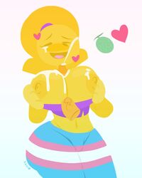 1boy 1girls blush breast_squeeze breasts cum cum_on_body cum_on_breast ejaculation emoji emoji_(race) emoji_gurl emojifam_(sssir8) erection humanoid large_breasts male paizuri penis penis_between_breasts pride_colors sssir sssir8 yellow_body yellow_hair yellow_skin