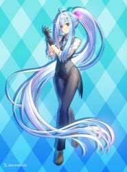 1girls 2d alien_girl animatrix30 aquwa black_bow black_eyes black_gloves blue_background blue_hair blue_tie braid female female_focus female_only hair_ornament long_ponytail pants purple_eyes sharp_ears shoes tagme twitch virtual_youtuber vtuber white_hair white_shirt