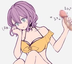 1boy 1girls breasts censored censored_penis d4dj female happy_penis heart hidaka_saori holding_penis japanese_text male masturbation mosaic_censoring penis purple_hair rubybynon sweat text turquoise_eyes