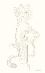 ahoge anthro biped erection evilvillain eyewear felid feline freckles fur genitals glasses hair hand_on_hip hi_res male mammal markings navel nipples nude penis pubes rectangular_glasses serval signature simon_(decafbat) simple_background solo spots spotted_body spotted_fur standing tail tail_tuft tuft