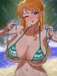 1girls beach big_breasts bikini bikini_bottom blush blush breasts brown_eyes cleavage curvaceous curvy curvy_female curvy_figure earrings eyebrows facing_viewer female female_focus female_only huge_breasts large_breasts long_hair looking_at_viewer loose_bikini midriff mik4 nami_(one_piece) navel nipple_bulge one_eye_closed one_piece orange_hair slim_waist solo solo_female solo_focus standing thin_waist tongue tongue_out untied_bikini wet wet_body