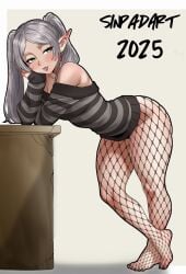 1girls blue_eyes clothed clothing color elf elf_ears elf_female english_text female female_focus female_only fishnets frieren frieren_beyond_journey's_end hi_res light-skinned_female light_skin long_hair looking_at_viewer sinpadart small_breasts solo solo_female sousou_no_frieren tagme text thick_thighs white_hair
