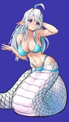 1girls absurd_res ahoge bikini blue_bikini breasts cleavage clothed cotton_(snake_in_the_office) highres huge_ahoge lamia large_breasts long_hair navel pencils_(artist) purple_background purple_eyes scales snake_girl snake_in_the_office snake_tail solo webcomic white_hair