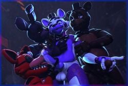 3d_(artwork) animatronic anthro balls bear bonnie_(fnaf) bow_tie canid canine clothing digital_media_(artwork) erection eye_patch eyebrows eyewear five_nights_at_freddy's fox foxy_(fnaf) freddy_(fnaf) funtime_freddy_(fnafsl) genitals glowing glowing_eyes gold_(metal) gold_paws gold_tooth group hand_on_belly handjob hat headgear headwear holding_arm hook hook_hand humanoid_genitalia humanoid_penis knot knotted_penis lagomorph leporid licking machine male male/male mammal open_mouth oral penile penis penis_lick purple_penis rabbit raised_eyebrow robot robot_anthro scottgames sex sharp_teeth sister_location teeth tongue tongue_out top_hat watermark