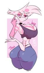 angel_dust_(hazbin_hotel) big_breasts bubble_butt busty cleavage futanari hazbin_hotel male pink_eyes refidl solo solo_male tight_pants trans trans_woman