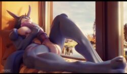 1boy 3d 3d_(artwork) animal_genitalia anthro balls ballsack big_penis blue_skin completely_nude_male dragon flint_(frihskie) frihskie futanari male_only no_sound petting_penis solo_male tagme video window
