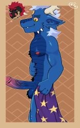 absurd_res anthro balls big_penis blue_body body_hair chest_hair feeling_up_self genitals glaskeru hairy_balls hi_res male penis slim_anthro slim_male solo twunk yellow_eyes