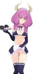 1girls aura_(sousou_no_frieren) big_breasts bikini bikini_top black_bikini_top blurred_pussy censored censored_pussy demon demon_girl demon_horns frieren_beyond_journey's_end horns lifting_skirt maid_dress maid_headdress maid_outfit maid_uniform na-suke no_panties pixelated_pussy purple_hair ribbon showing_pussy sousou_no_frieren