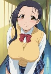 1girls ai_generated amaenaideyo amaenaideyo!! black_hair bowtie breasts brown_eyes female indoors large_breasts long_hair looking_at_viewer mature_female miyako_amanogawa ponytail school_uniform skirt smile