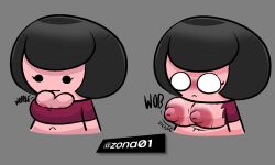 aliasing artist_upload belly belly_button big_breasts big_nipples black_hair bob_cut breast_expansion breasts crop_top female gray_background maroon_clothing maroon_croptop maroon_shirt nipples shiny_breasts shocked shocked_face simple_background uploaded_by_artist watermark white_skin zona01 zona_(zona01)