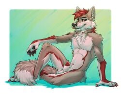 2024 animal_genitalia animal_penis anthro arm_tuft balls black_nose canid canine canine_genitalia canine_penis cheek_tuft chest_tuft dated elbow_tuft facial_piercing facial_tuft genitals glistening glistening_eyes hair hi_res looking_at_viewer male male_anthro mammal neck_tuft nose_piercing nose_ring nude penis penis_tip piercing red_eyes red_hair red_penis ring_piercing septum_piercing septum_ring sheath short_hair shoulder_tuft simple_background sitting smile solo tuft white_balls white_sheath yookie