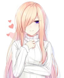 blonde_hair blush eternity_(shadeh) female hair_over_one_eye highres long_hair looking_at_viewer original original_character purple_eyes safe sweater white_background